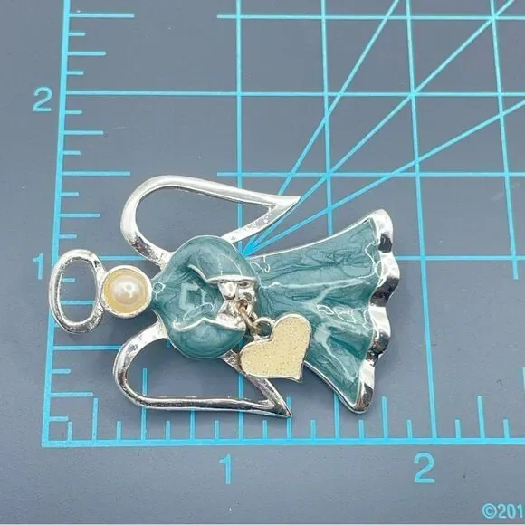 Angle Brooch Silver Tone Blue Swirl Enamel Heart Charm Faux Pearl Halo Wings - Picture 10 of 10